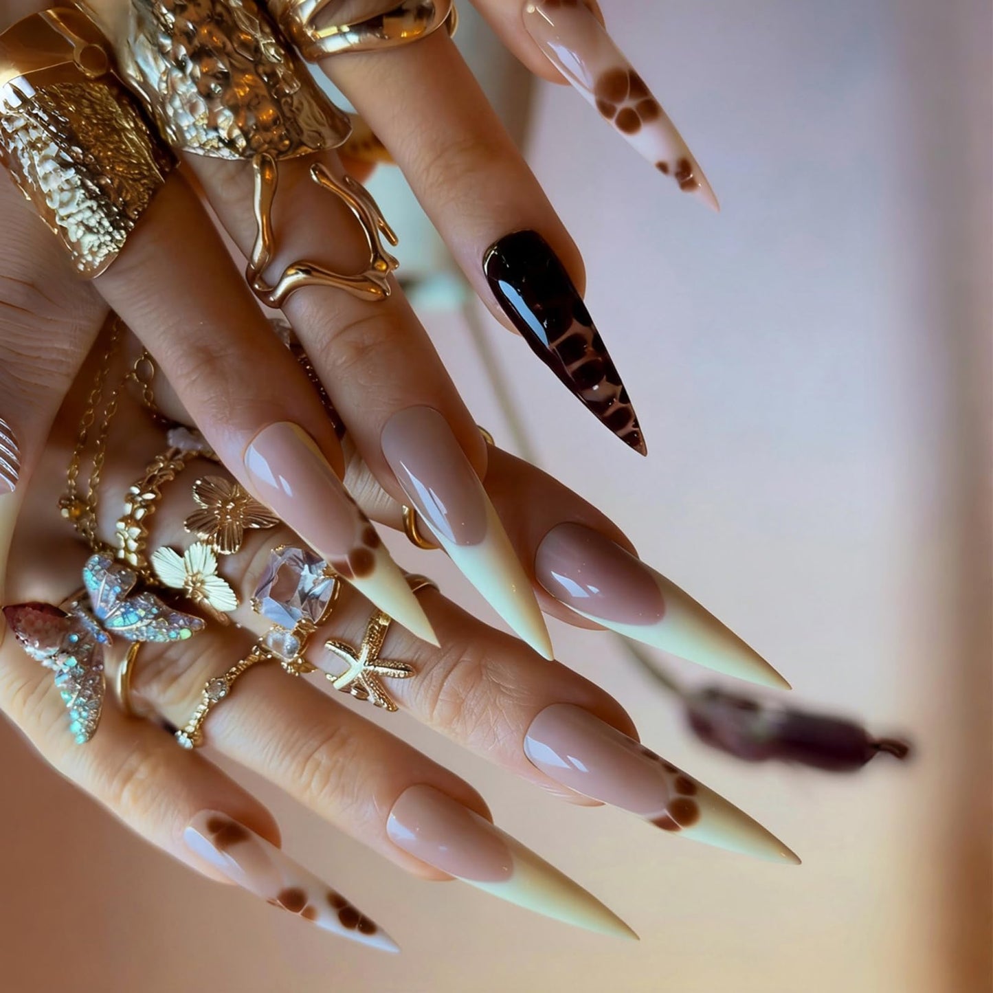 IMRAIN Stiletto Press on Nails, Long Fake Nails, Yellow French Tip Brown Animal Print, 24 Pcs Reusable Glue on Nails for Women, Salon Quality