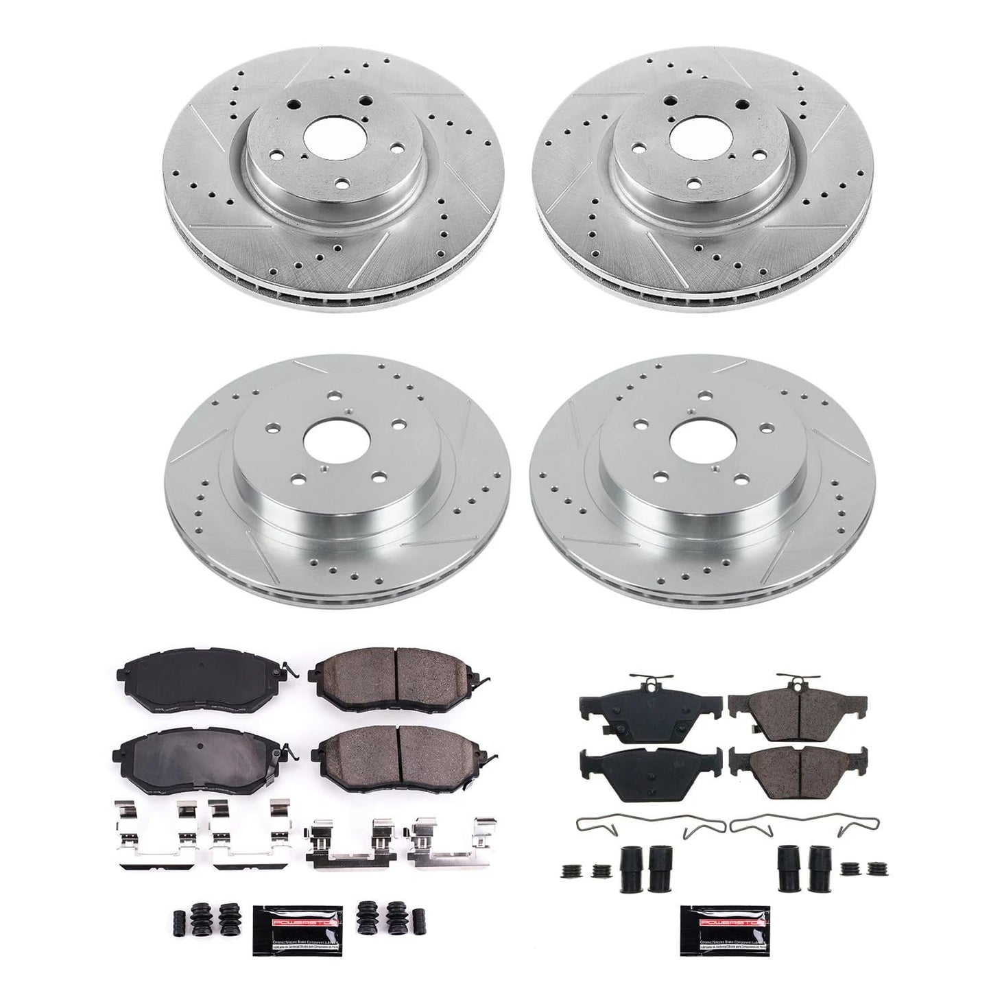 PowerStop Front and Rear Brake Kit For Subaru Legacy 2015-19 |Outback 2015-19 |WRX 2016-21 - Drilled and Slotted Disc Rotors with Ceramic Brake Pads Replacement, K7028