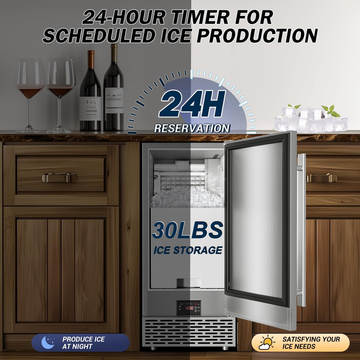 SOZT® Under Counter Ice Maker, 120LBS/24H Ice Machine, Self-Cleaning & 24H Timer, Commercial Ice Maker with 30LBS Storage - Reversible Door, Built-in/Freestanding Design for Home Bar Cafe Restaurant
