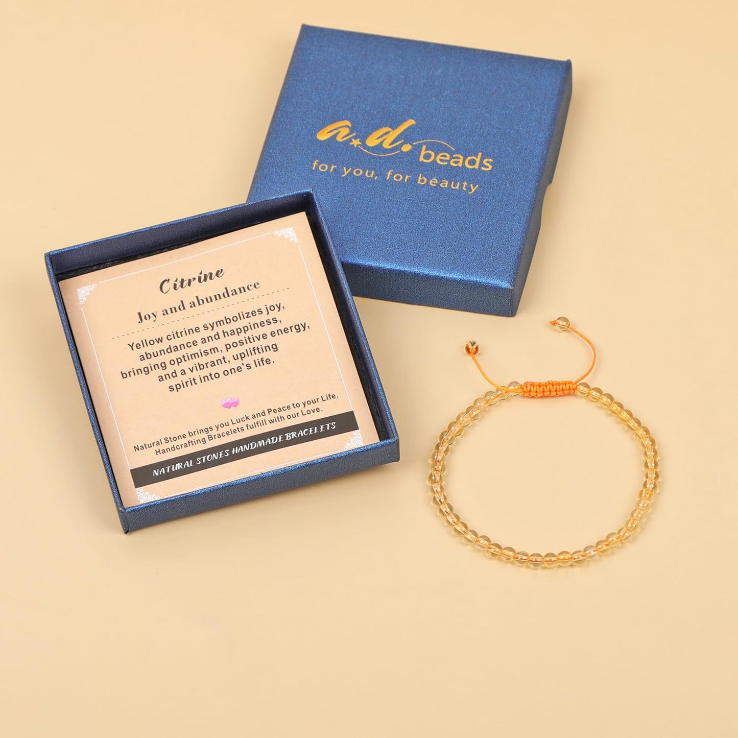 AD Beads 4mm Citrine Bracelet - Stone of Joy and abundance - Handmade Natural Stone Crystal Bracelet with Adjustable Macrame String - Yoga Healing Power Energy Gifts for Men and Women