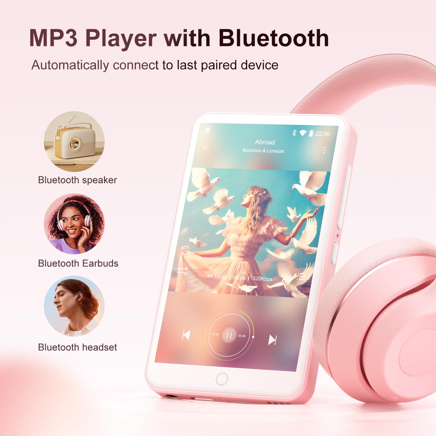 80GB MP3 Player with Bluetooth and WiFi, Mp3 & Mp4 Music Player with Spotify, Amazon Music, Deezer, Audible, Browser, 4.0" IPS Touch Screen Android Player with Speaker, FM Radio, Up to 512GB（Pink）
