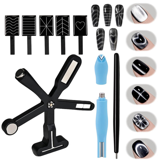 Nail Polish Magnet, 6-in-1 Cat Eye Magnet Kit for Nails, 3-in-1 Nail Polish Magnet Nail Art Tools with 5 Magic Design Plates, For Home DIY & Salon Use, Create Salon Looks Easily (Black)