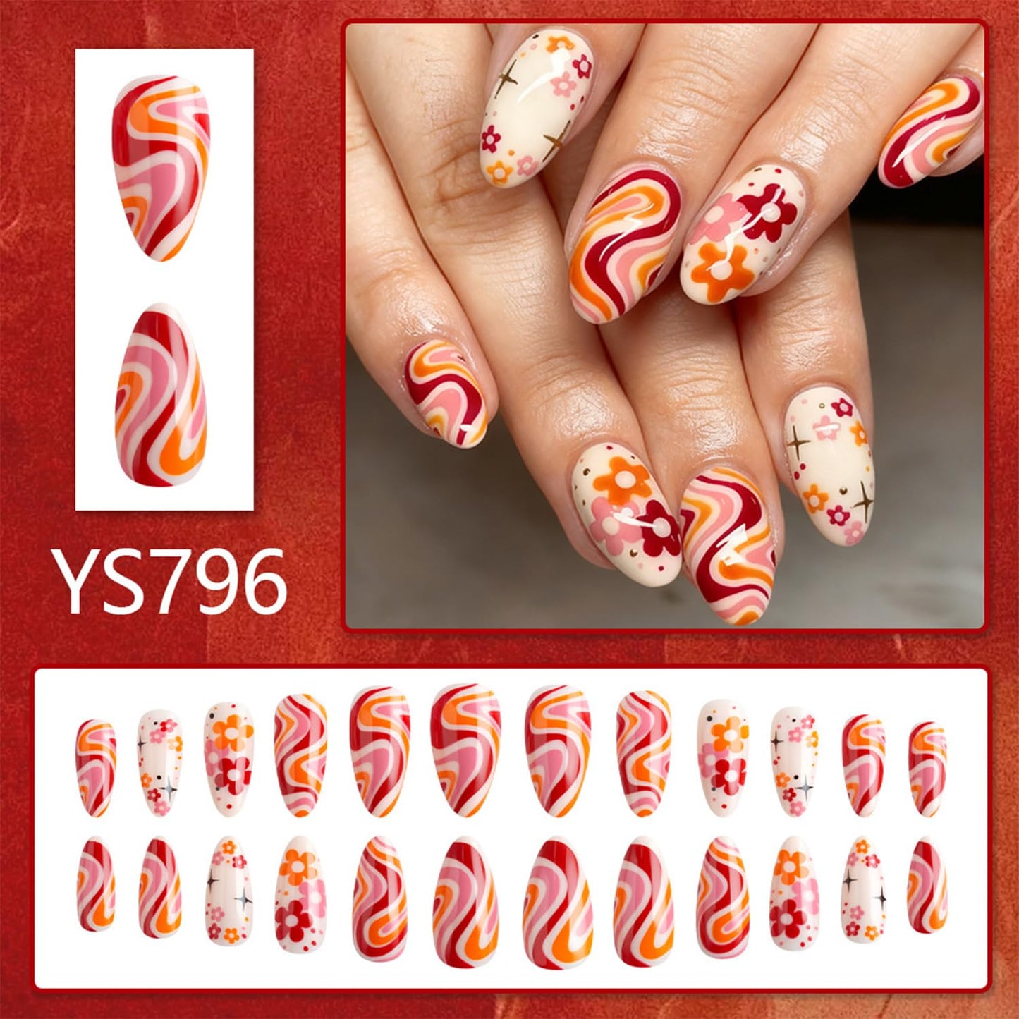 Cute Flower Press on Nails Colorful Swirl Stripe Fake Nails Long Almond Acrylic Glue on Nail Glossy Full Cover False Nail for Women