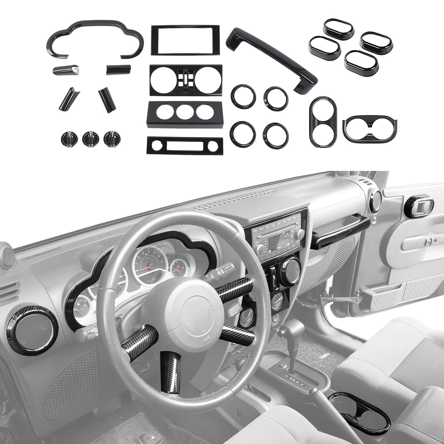 CheroCar Full Set Interior Decoration Trim Kit Fit for Jeep Wrangler JK 07-2010 Carbon Fiber Interior Accessories