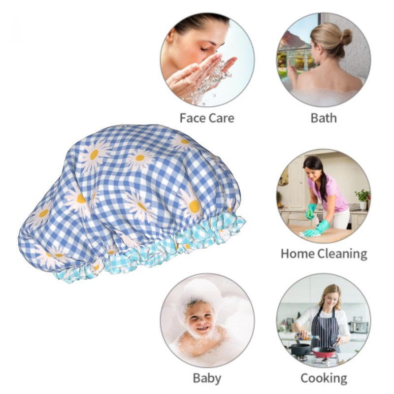 Kwlegh Blue Checkered Shower Caps for Women Daisy Flower Double Waterproof Layers Bath Hat Elastic Reusable Hair Cap for Shower Cooking Clean Makeup