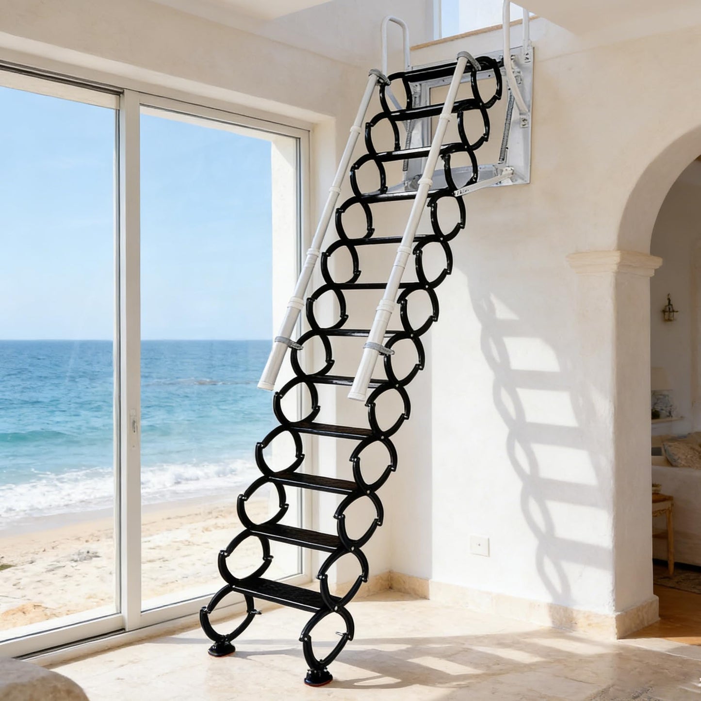 Wall-Mounted Folding Stairs, Folding Loft Staircase with Handrails,Telescoping Attic Ladder with Pull Down System, 12 Steps Attic Stairs, Home Indoor Outdoor Attic (Black, 9.6-10ft)