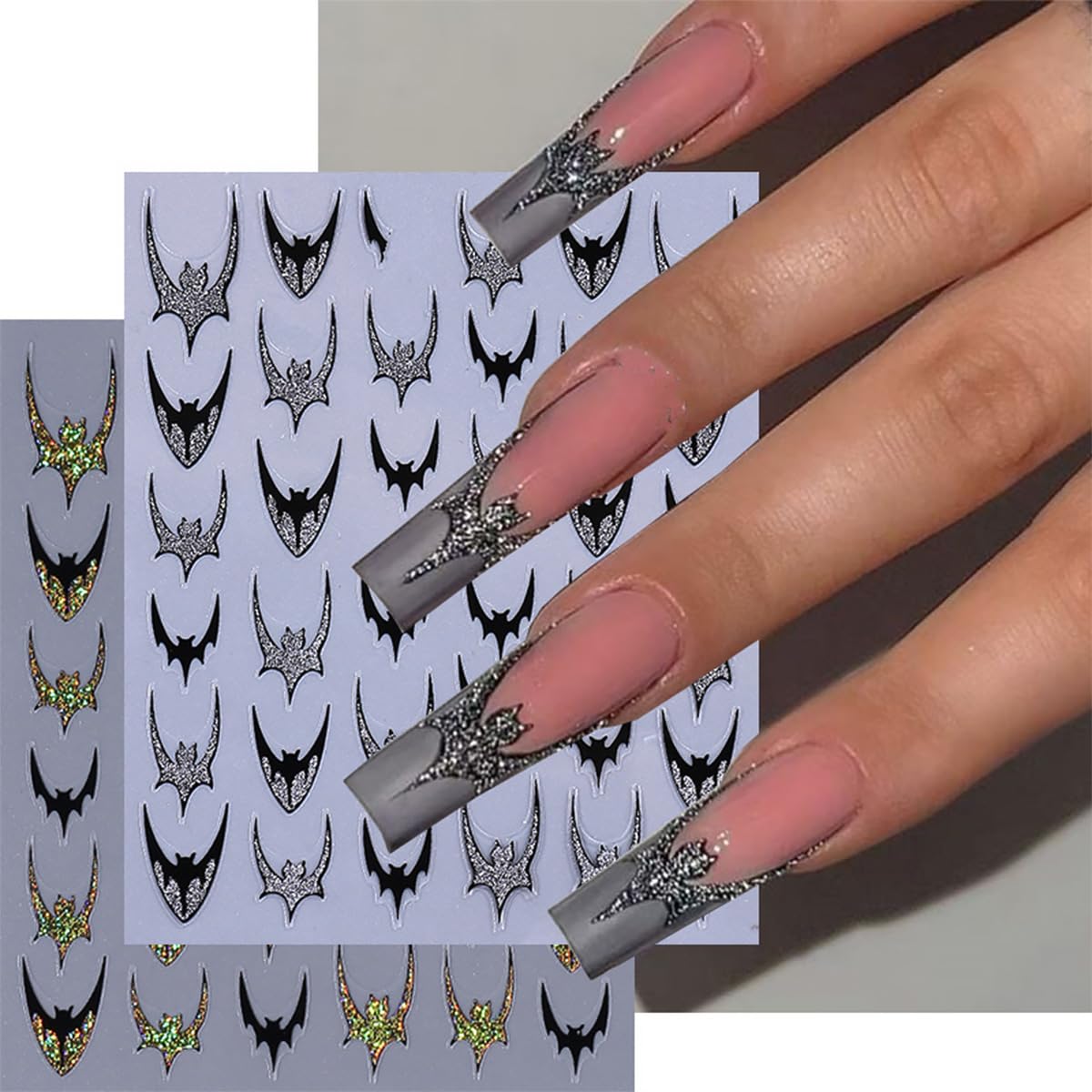 6 Sheets Halloween Bat Nail Stickers for Nail Art 3D Self Adhesive Gothic Bat Nail Decals with Exquisite Gold Silver Glitter French Nail Designs Stickers Holiday Decoration Nails Supply for Women DIY
