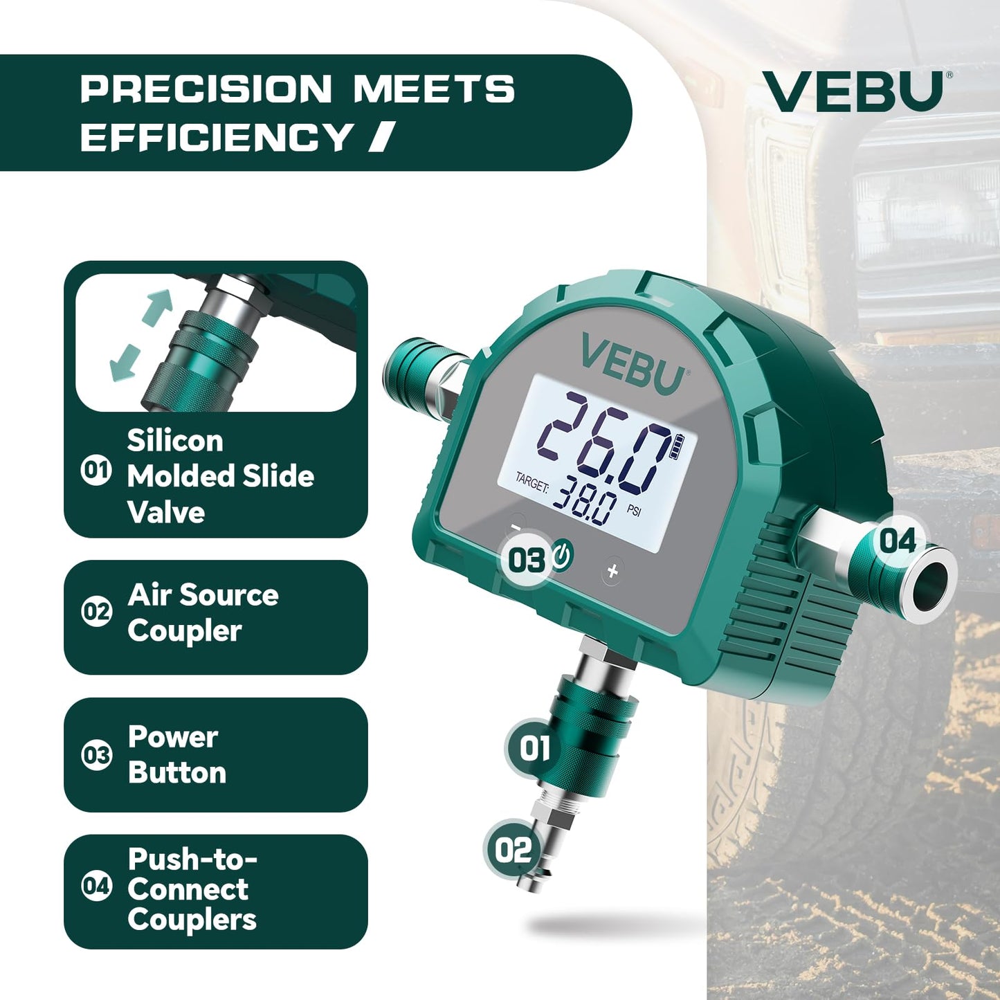 VEBU Auto Shut Off Tire Deflation Inflation Controller, 5-150PSI Air Pressure Manifold with Preset, Memory & Digital Display (Air Hose not Included)