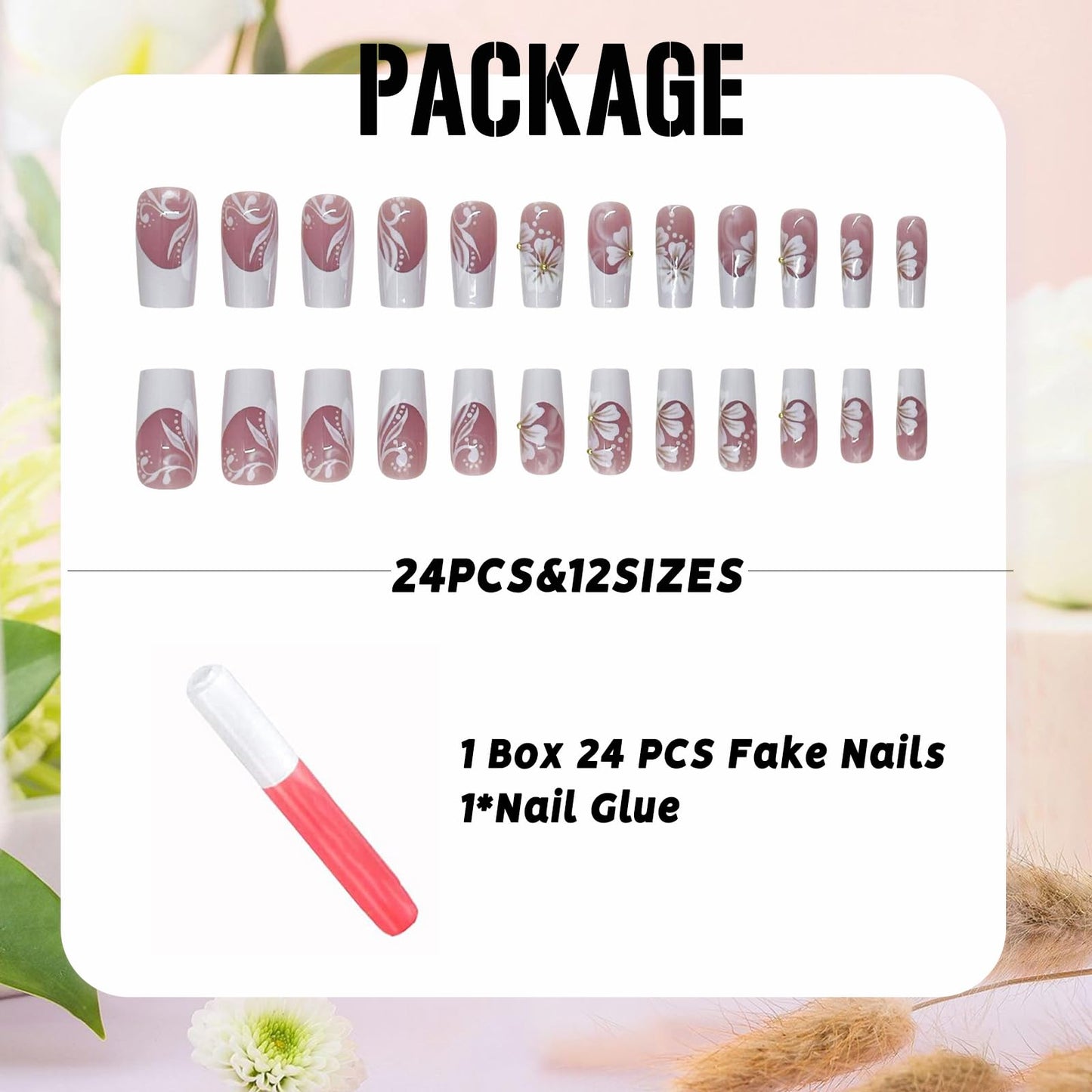 IMSOHOT Press on Nails Long Square Fake Nails White French Tip Glue on Nails with Flower Designs Full Cover Acrylic False Nails for Women Nail Decorations