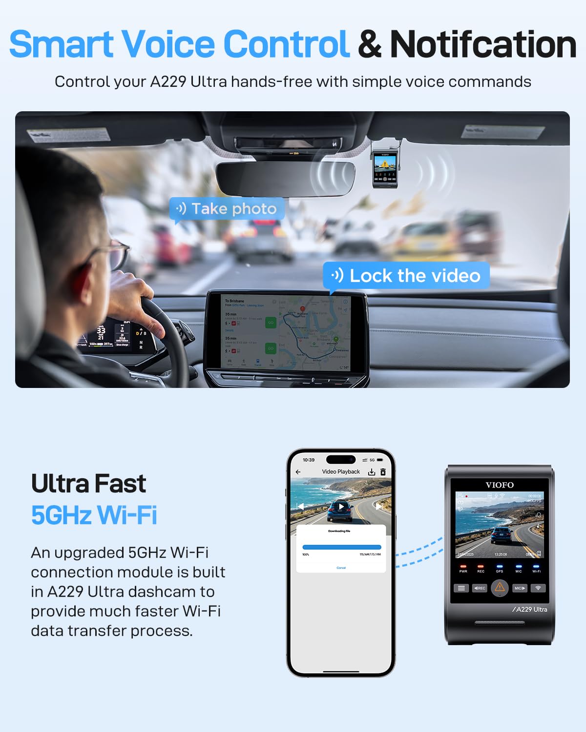 VIOFO A229 Ultra 3 Channel Dash Cam, Dual 4K + 1080P, 210° Fisheye Cabin Car Camera, Triple STARVIS 2 Sensors with Dual 4K HDR, Faster 5GHz Wi-Fi & GPS, Smart Voice Control, Super Night Vision 2.0