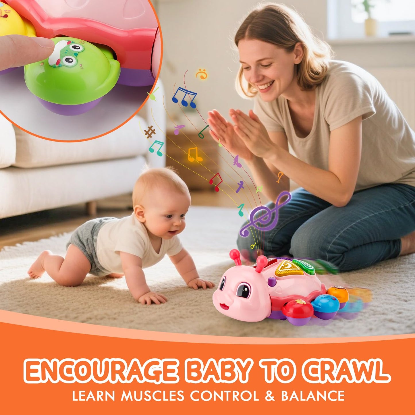 AUUGUU Baby Musical Crawling Toy – Light-Up & Tummy Time Toys for 12 Months – Fun Infant Development Gift for Girls