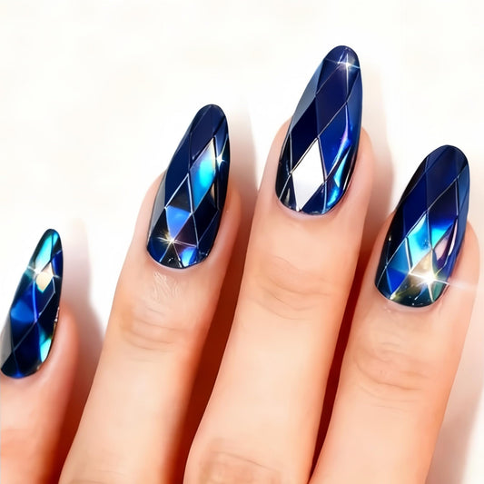 RUOKEXIN Almond Press on Nails Medium Length Fake Nails Blue Chrome False Nails with 3D Rhombus Designs Full Cover Nail Press ons Sparkly Artificial Nails for Women 24Pcs