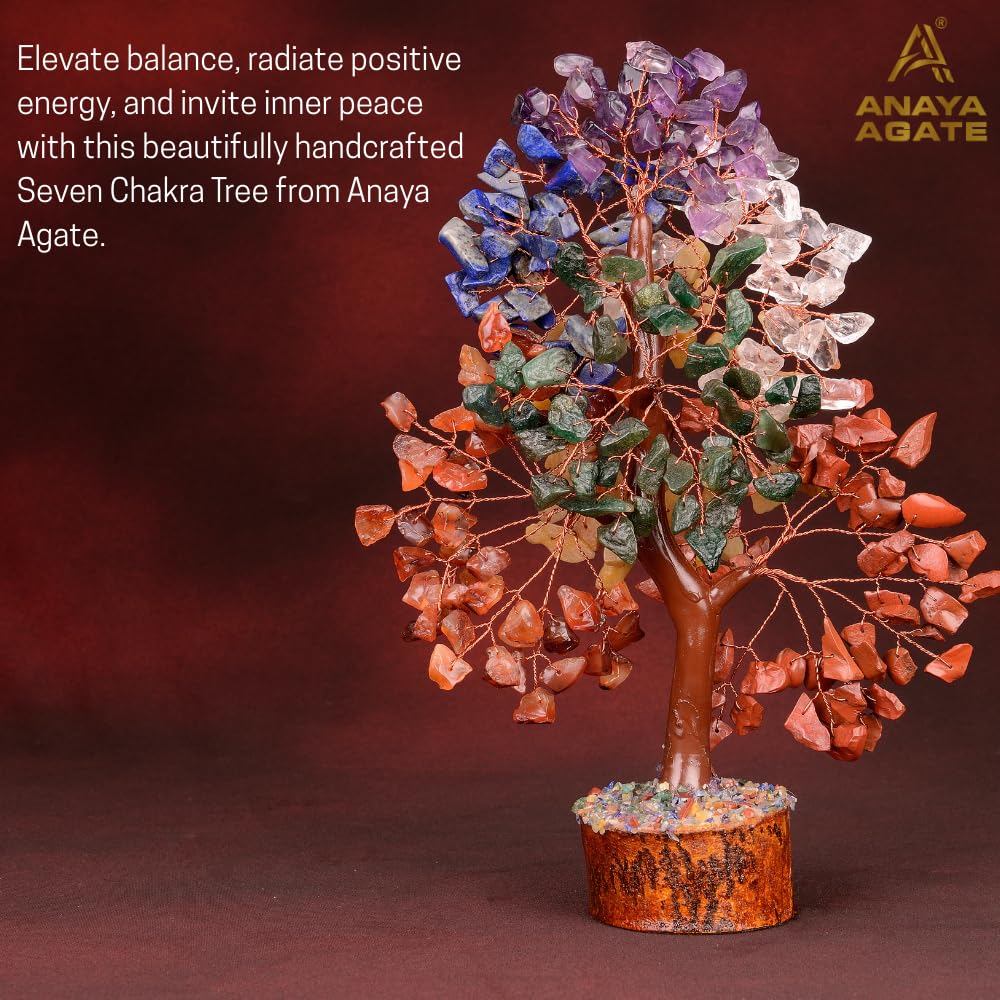 ANAYA AGATE 7 Chakra Crystal Tree of Life w/Healing Necklace & Chakra Bracelet - Gemstone Money Bonsai Trees for Women,Crystal & Healing Stone, Tree for Home, Office, LivingRoom Decor