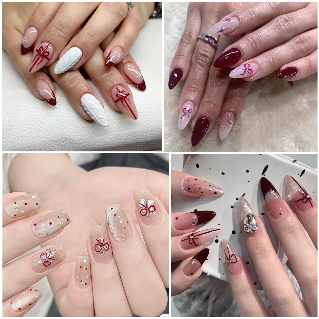 4Sheets Bow Nail Stickers for Nail Art Set, Bow 3D Nail Art Sticker Self-Adhesive Black White Red Bow Shiny Clear Diamond Nail Designs Cute Bow Decals for Women Girls Bow-Knot Manicure Decorations