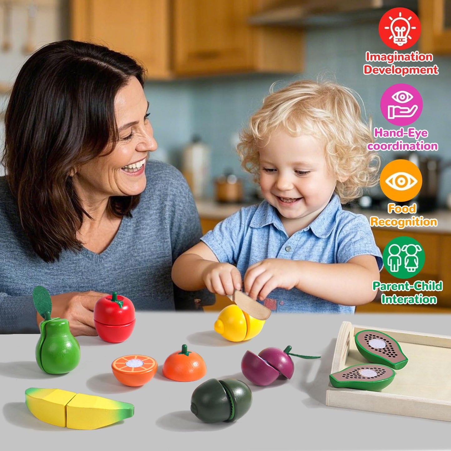 Fajiabao Wooden Play Food for Kids Kitchen Montessori Toys for 2 Year Old Girls & Boys Wood Cutting Fruit Set with Tray Fine Motor Skills Educational Toddler Gifts 2 3 4 5 6
