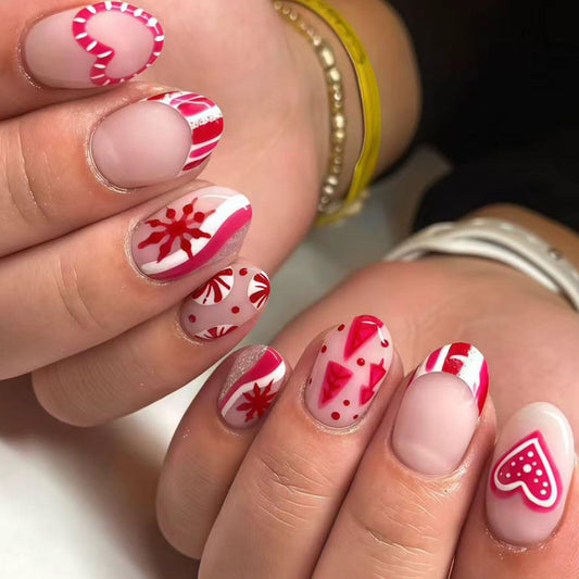 Christmas Press on Nails Short Oval Fake Nails Press ons Christmas Tree Candy Hearts Designs Red White French Heart Xmas Glossy Cute Acrylic Glue on Nail for Women 24 Pcs