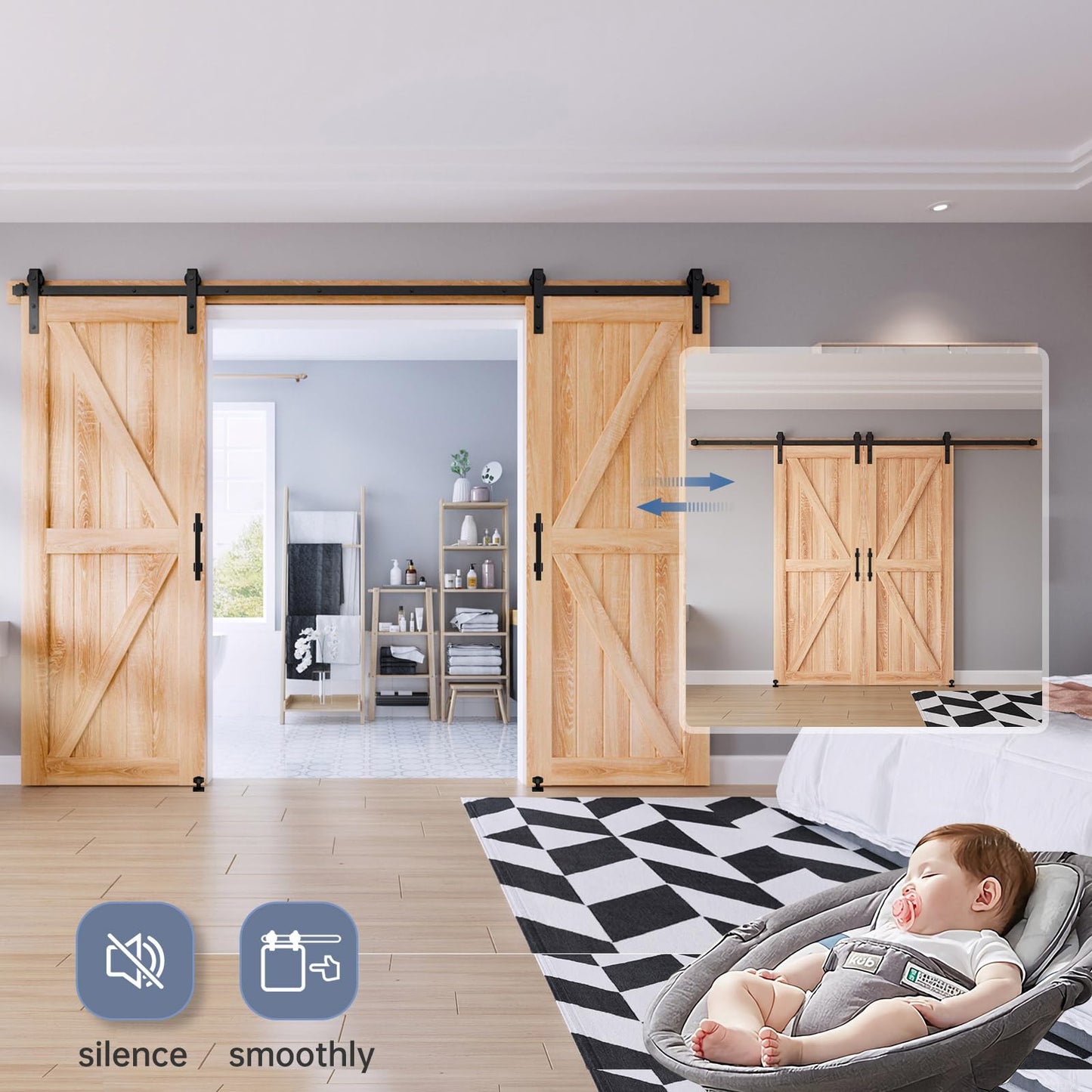 EaseLife 10 FT Double Sliding Barn Door Track and Handle Hardware Kit,Basic J Pulley,Slide Smoothly Quietly,Easy Install (10FT Track Kit for 27"~30" Wide Double Door)