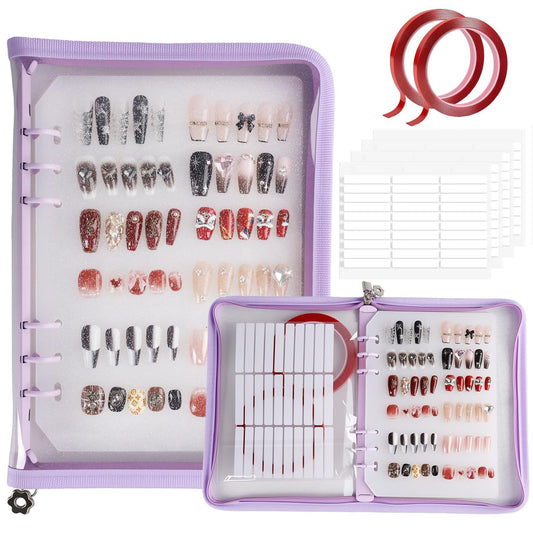 ASTONFOG Press on Nail Organizer Binder Book, 8 A5-Sized Insert Pages & Double Sized Tape, Press on Nails Display Storage Book, Reusable Fake Nail Swatch Collecting Book (Purple)