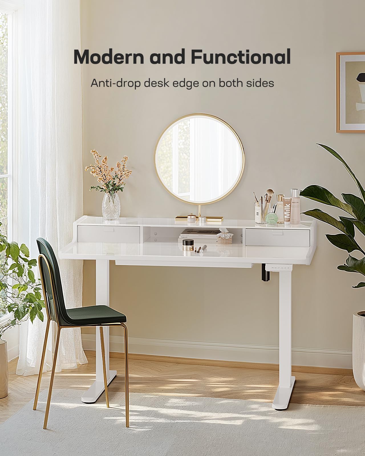 Marsail Glass Electric Standing Desk with Drawers, 48 x 24 Inch Height Adjustable Desk with Monitor Stand, Stand Up Table with Drawers for Home & Office, 4 Preset Heights, White
