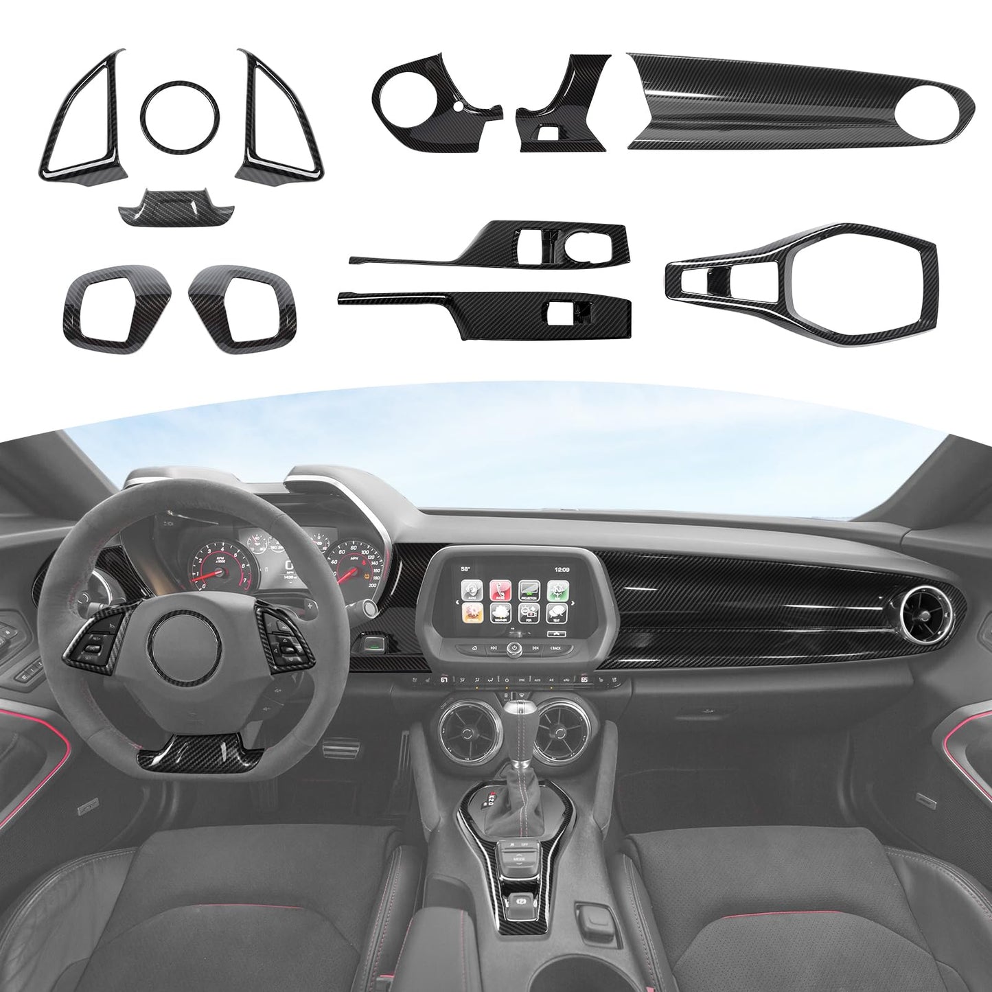 RT-TCZ for Camaro Carbon Fiber Interior Trim Kit, Dash Cover Trim Bezel for Chevy Camaro 2016-2024 Carbon Fiber Interior Accessories 12pcs
