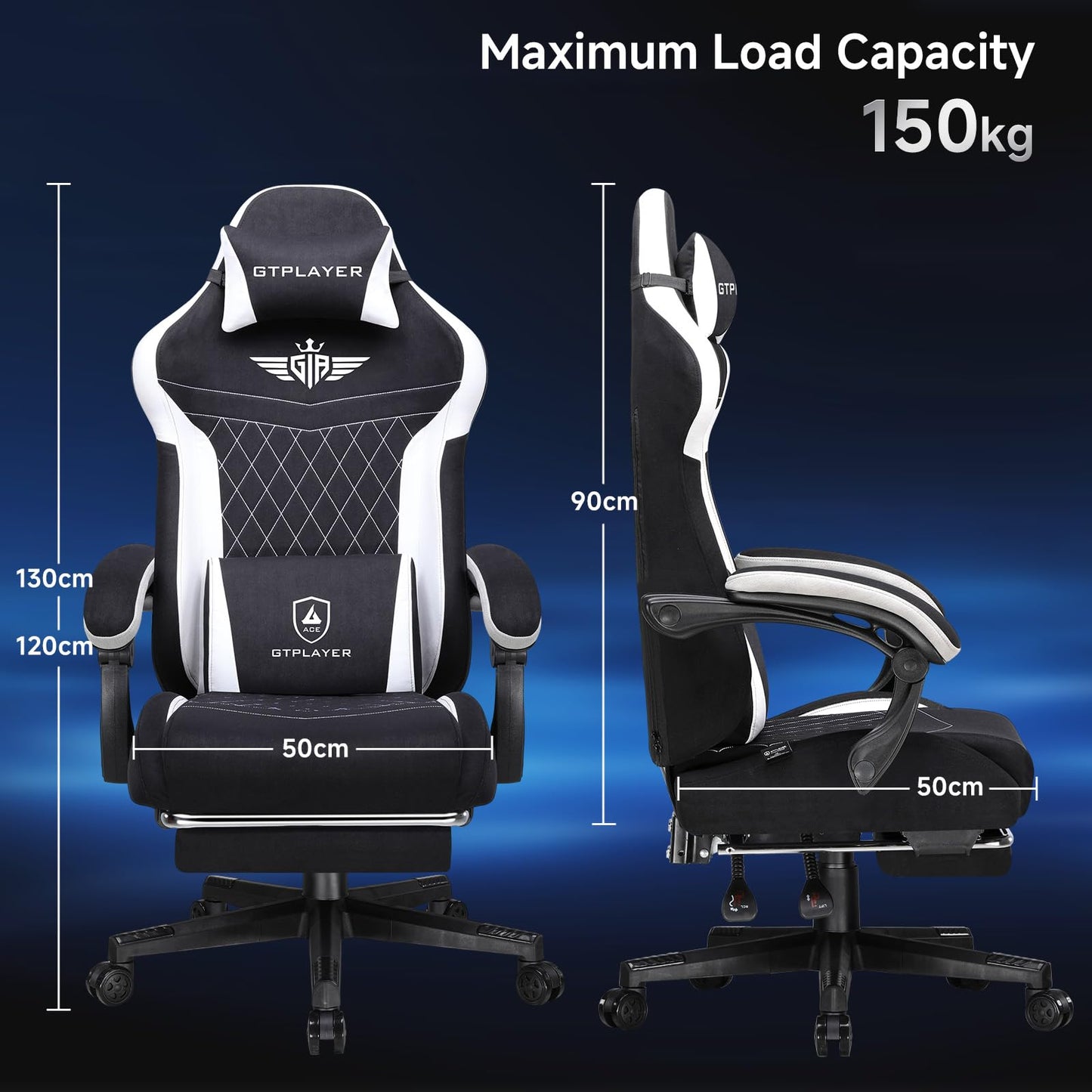 GTPLAYER Gaming Chair, Video Game Chairs with Footrest and Lumbar Support, Computer Chair for Adults with Extended Backrest, Ergonomic Reclining Silla Gamer, Fabric, Black