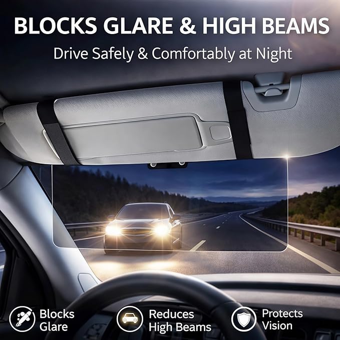 Anti-Glare Sun Visor for Cars, Suitable for Daytime and Nighttime Driving, Blocks UV Rays and Sunlight, Sun Visor Extender with Transparent Anti-Glare Panel and Storage Function