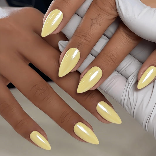 Pastel Yellow Press On Nails Almond - KQueenest Chrome Press On Nails Medium, Pearlescent Fake Nails Press ons, Glitter Glue on Nails Medium Stiletto, Glazed Gel Stick On Nails for Women, 24 Pcs