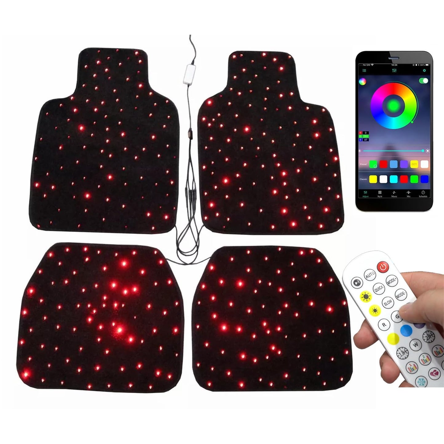Luxury Starlight LED Car Floor Mats, 4pcs Starry Star Light Floor Mats Washable Fiber Optic Lights APP/Remote Control Music Mode Sound Activated Interior Lights for Cars, SUVs, Trucks
