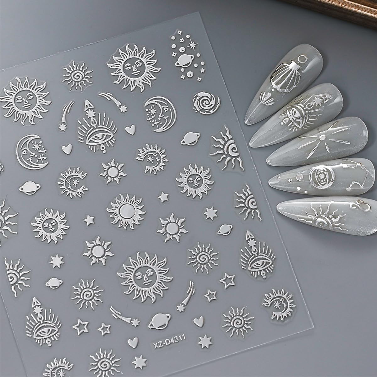 12 Sheets Silver Nail Art Stickers Star Nail Stickers Sun Moon Nail Decals Self Adhesive Evil Eye Nail Art Supplies for Women Girls DIY Manicure Nail Art Decorations