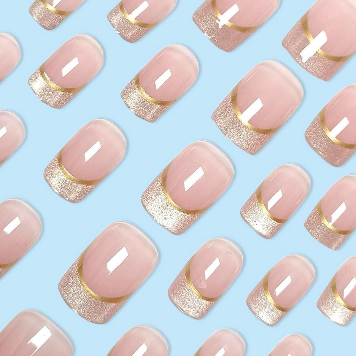 French Tip Press on Nails Medium Square MABKJLF Nude Pink Fake Nails False Nails with Designs Glittery Natural Nails Full Cover Glossy Glue on Nails Acrylic Nails for Women Girls 24Pcs