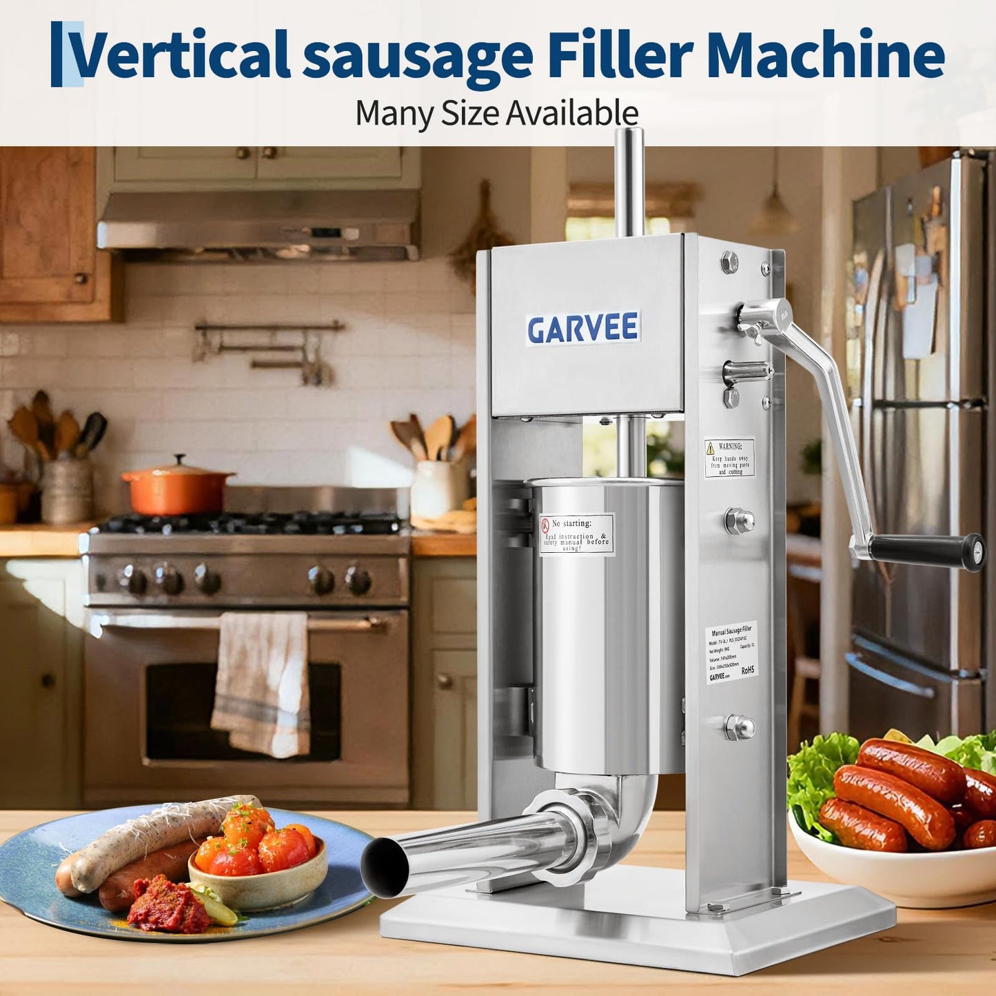 Garvee 7LB/3L Sausage Stuffer - 304 Stainless Steel Manual Sausage Maker with 2-Speed Gear & Torque Adjustment - Includes 5 Filling Tubes & Cleaning Kit for Home and Commercial Use