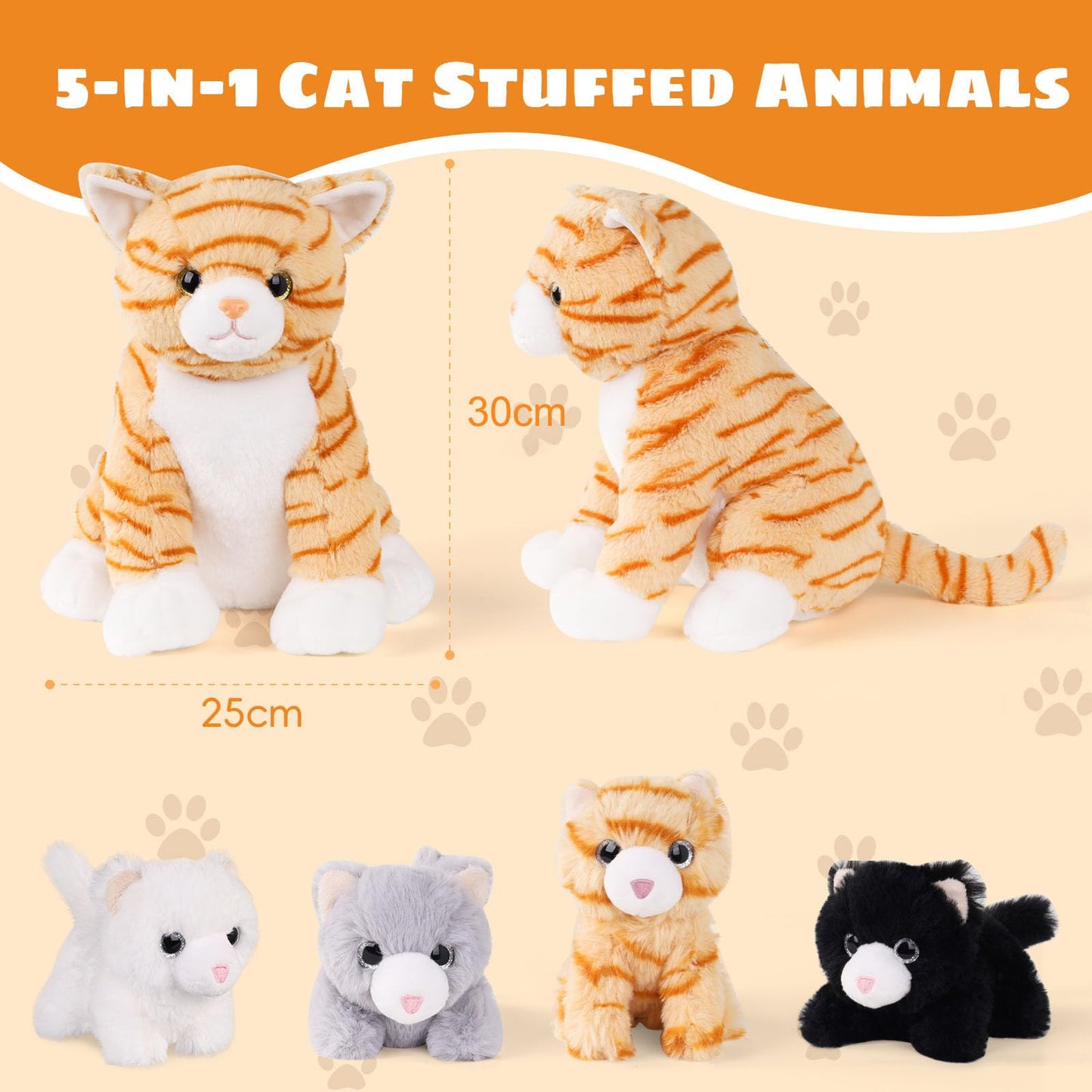 5 PCS Cat Stuffed Animal with Babies Inside Belly, 1 Mommy Stuffed Orange Tabby Cat Toy with 4 Plush Kittens, Stuffed Kitty Plushies for Kids Boys Girls Christmas Birthday Gift