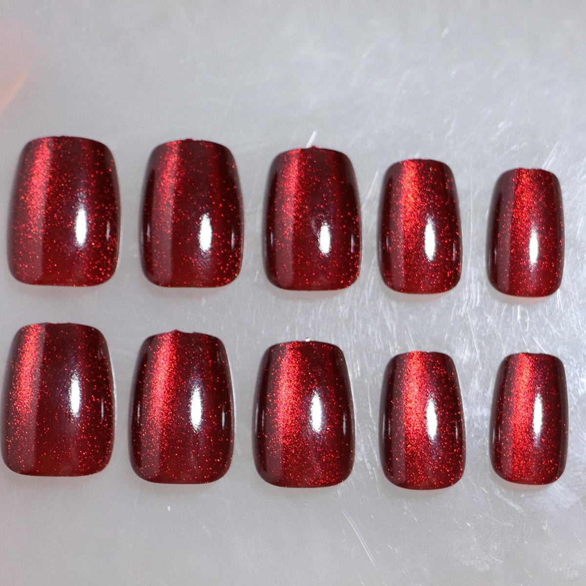 Burgundy Cat Eye Press on Nails Short Square Fake Nails with Glossy Designs Red Nails Press ons Simple Glue on Nails Artificial False Nails Winter Fall Stick on Nails for Women 24Pcs