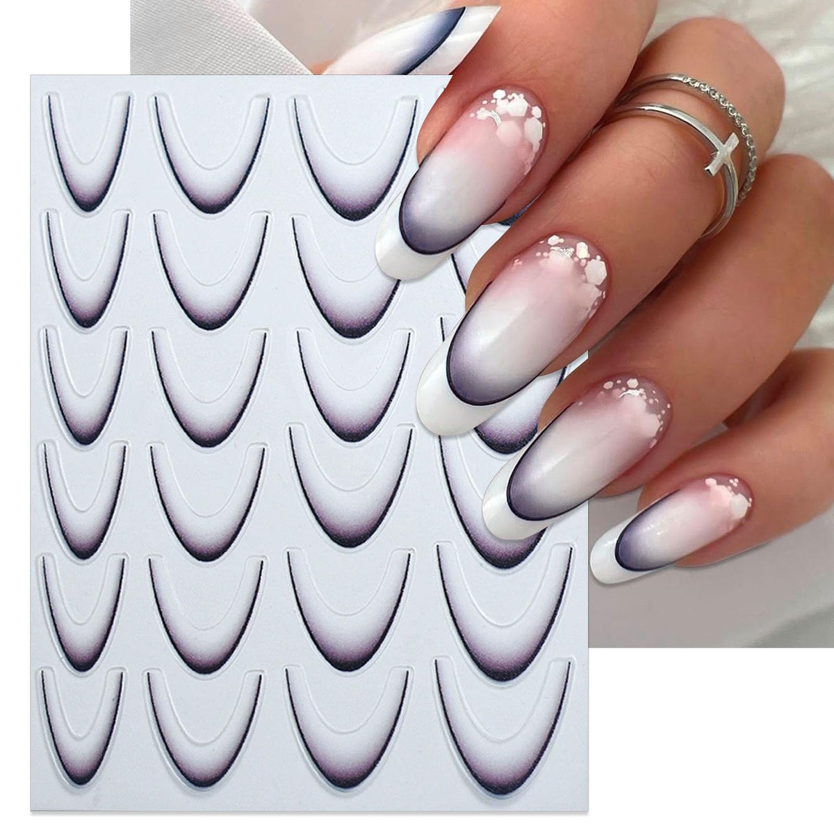 IDDFEVE 6 Sheets Gradient French Line Nail Art Stickers - Self-Adhesive Curved Stripes Nail Decals, French Tips Guides Designs for DIY Manicure (3 Colors)