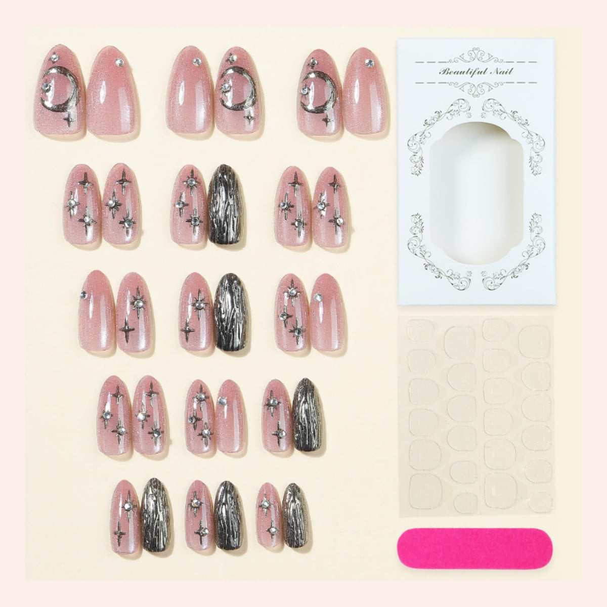 Medium Press on Nails Almond Fake Nails Cat eyeAcrylic Nail Press ons SEENEEY Silver Moon and Stars Designs Cat eye Stick on Nail for Women 30pcs