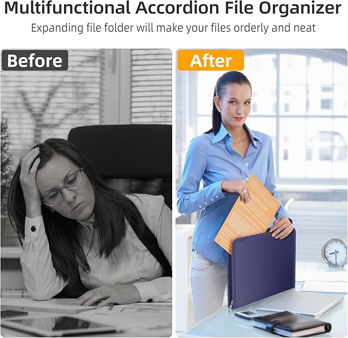Fireproof Accordion File Organizer, Portable Expanding File Folder with Waterproof Zipper&Labels, Blue Document Organizer with 13 Pockets, File Organizer for Important Document/Paper Storage