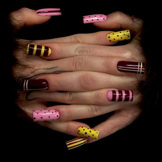 OCTOSWAVE Press on Nails Medium Square Fake Nails Burgundy Plaid and Polka Dot Designs Glossy Glue on Nails for Party and Gifts 24Pcs