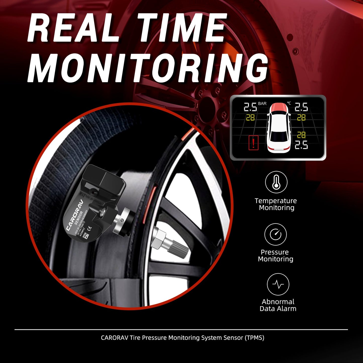 CARORAV 433Mhz Tire Pressure Monitoring System Sensor Compatible for BMW Rolls Royce MINI Ferrari, TPMS Sensor Replaces 36106798872 36106890964 F11001648001B 4 Pack - 4 Replaceable Valve Stems