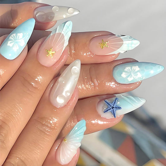 BSBTBZ Summer Ocean Medium Almond 24Pcs Blue Starfish 3D Acrylic ABS Press-On False Nails with Gold Bead Charms & White Flowers Design