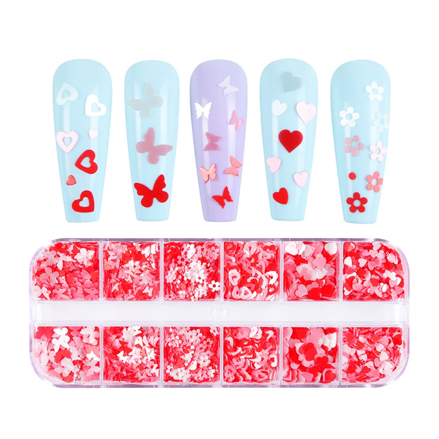 Pink Glitter 3D Sequins, Holographic Love Heart Flowers, Butterfly Nail Art Designs for Women, DIY Resin Tips, Confetti Nails Kit