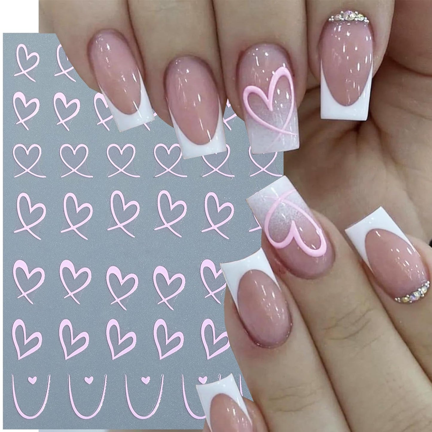 6Pcs Heart Nail Stickers for Nail Art Love Hearts Nail Decals Hollow Love 3D Nail Art French Sticker Self-Adhesive Slider Kawaii Heart-Shaped Manicure Decals Nail Tip for Women Valentine Gift