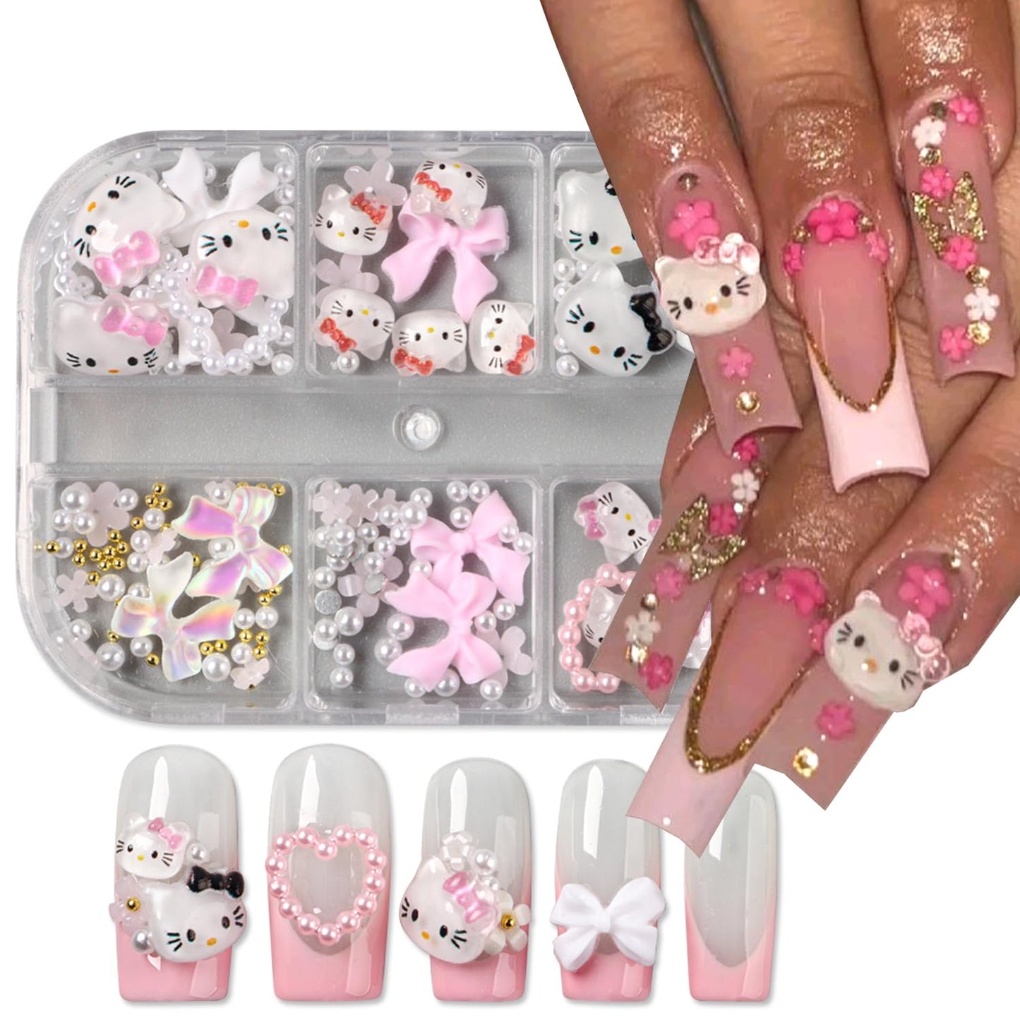 6Girds/Box Cartoon Nail Art Charms Set, 3D Cute Nail Rhinestones Charm Nail Bow and Heart 3D Flowers for Nails Design, Gems Pearls Nail Jewelry DIY Crafts Nail Art Accessories Manicure Tools