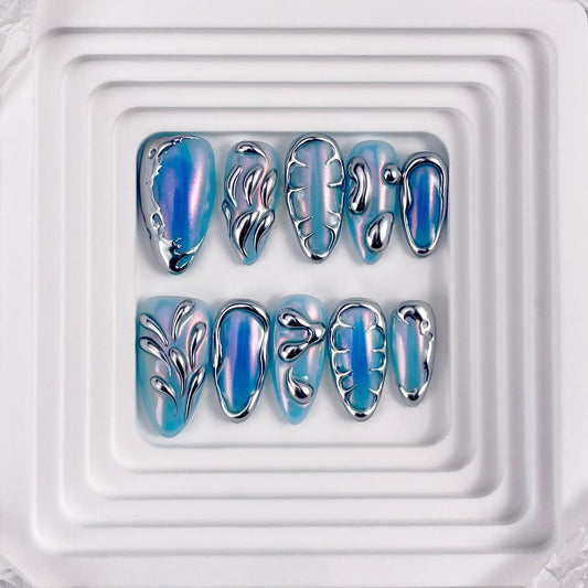 RDNTBEU Press on Nails Blue Ombre Medium Almond 3D Fake Nails Reusable Luxury Handmade False Nails with Design Solid Chrome,Press ons Muti-Layer Gel Handmade Nails for Wome Manicure(Size L)