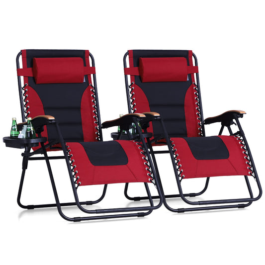 Sophia & William Oversized XXL Zero Gravity Chair Set of 2, Padded Adjustable Folding Reclining Lounge Chair Outdoor Gravity Chair with Wide Armrest and Cup Holder, Support 400 LBS, Red