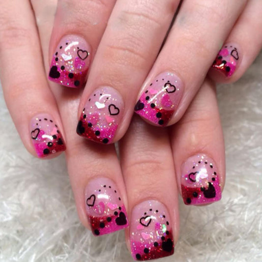 24Pcs Valentines Press on Nails Short Square French Tip Fake Nails with Pink Black Romantic Heart Design Full Cover Artificial Glue on Nails Nude Stick on Nails Valentine's False Nails for Women