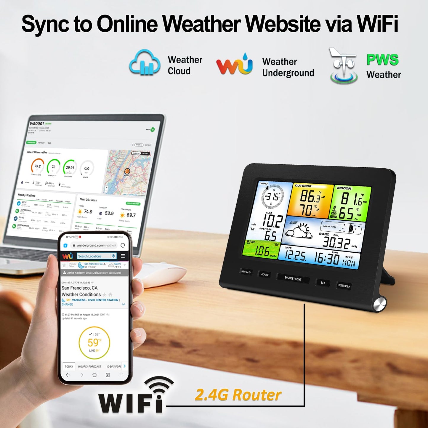 Urageuxy Weather Station Wireless Indoor Outdoor, Home Weather Stations with Rain Gauge, Wind Speed/Direction, Temperature, Humidity, Weather Forecast, Alarms, WiFi