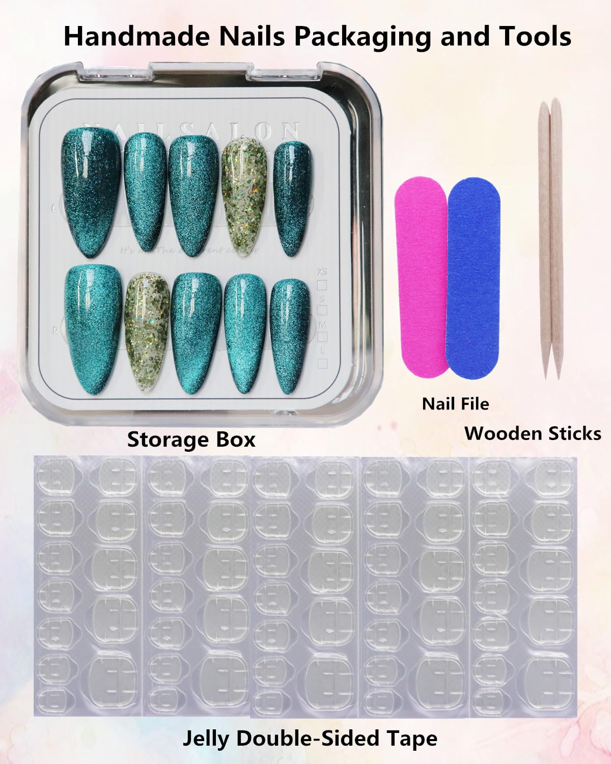 CAMILCY Press on Nails Handmade Nails Luxury Reusable Fake Nails For Girls long Almond Armor Cat's Eye Green Diamonds HandPainted Salon Loveful Design Acrylic GelUV Finished 3D Nails 10PCS (A028, S)