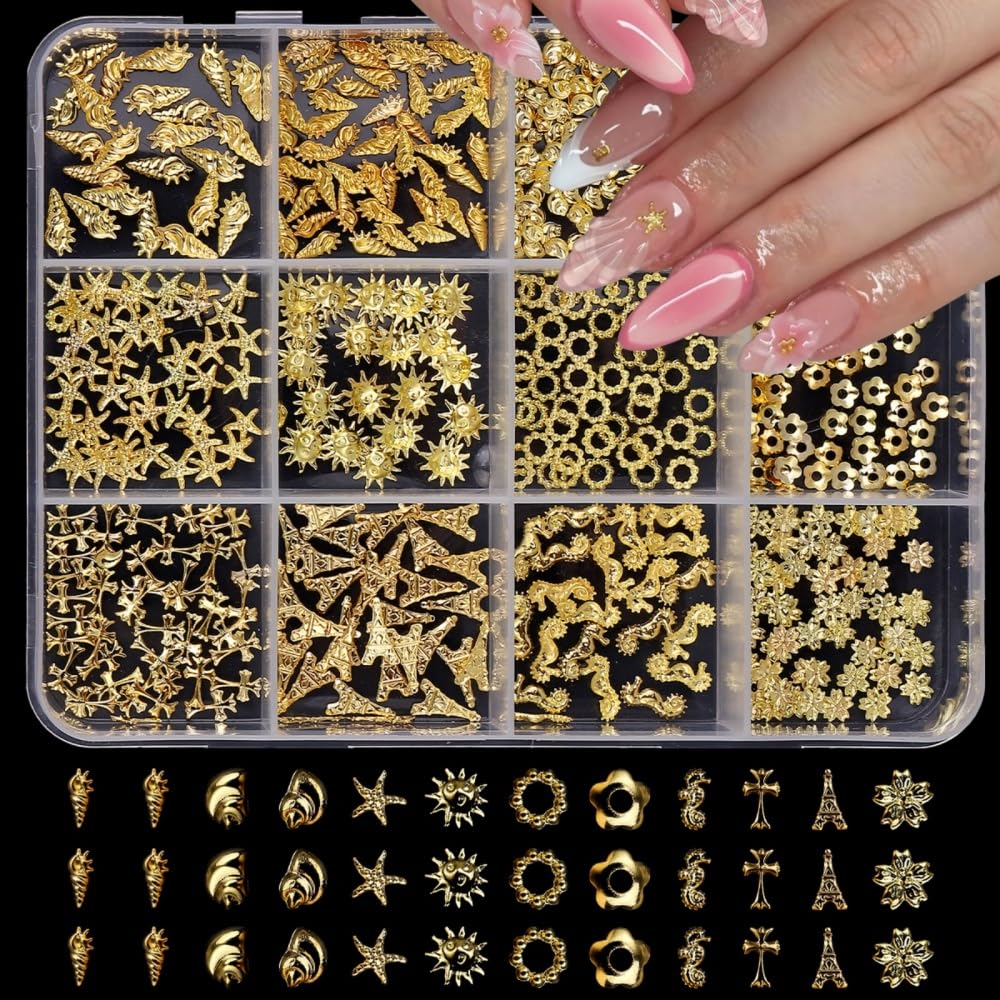 Gold Nail Charms 3D Alloy Flower Nail Gems Shiny Ocean Beach Starfish Conch Nail Jewels Multi-Shapes Metal Golden Sun Nail Art Supplies with Tweezer for Women DIY Acrylic Nail 12 Grids 1 Box