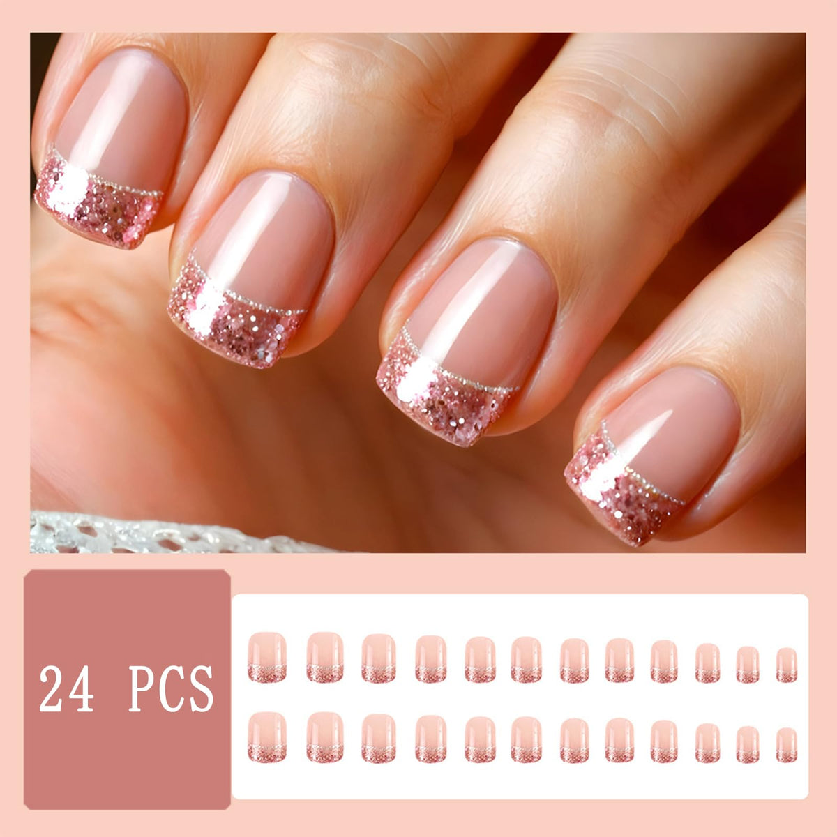 Starry Sky French Tip Press on Nails Medium Square Fake Nails Silver Glitter French Design False Nails Shine Nude Pink Full Cover Glossy Acrylicl Artificial Nails for Women Manicure Salon 24Pcs
