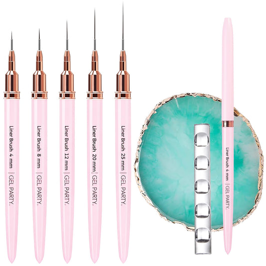 GELPARTY 7Pcs Light Pink Nail Art Brush Set - Professional Ultra-Fine Liner & Detail Brushes for Gel Polish & Acrylic Nails - Includes Turquoise Agate Palette & Holder - Manicure Tool Kit